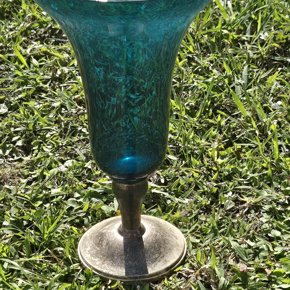 Vintage Elegant Blue Glass Vase with Silver Base